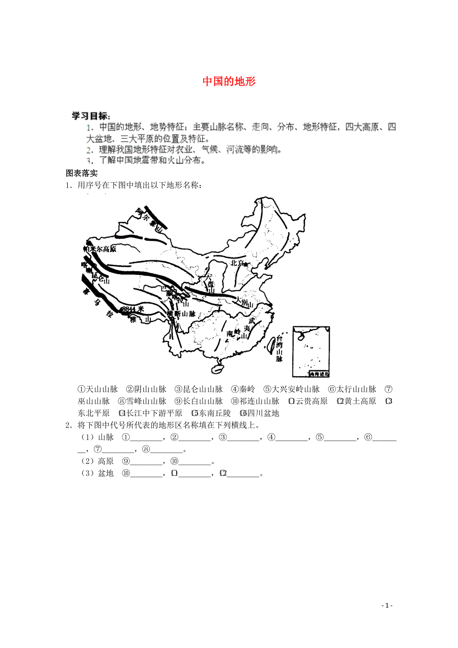 山东省聊城市高中地理 中国的地形学案 鲁教版必修3.doc_第1页