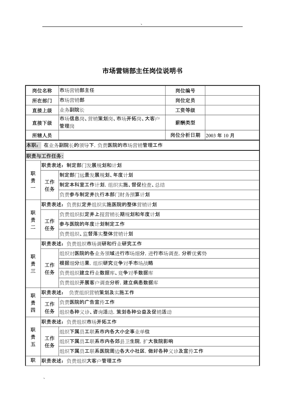 【行业】湖北新华医院市场营销部主任岗位说明书_第1页