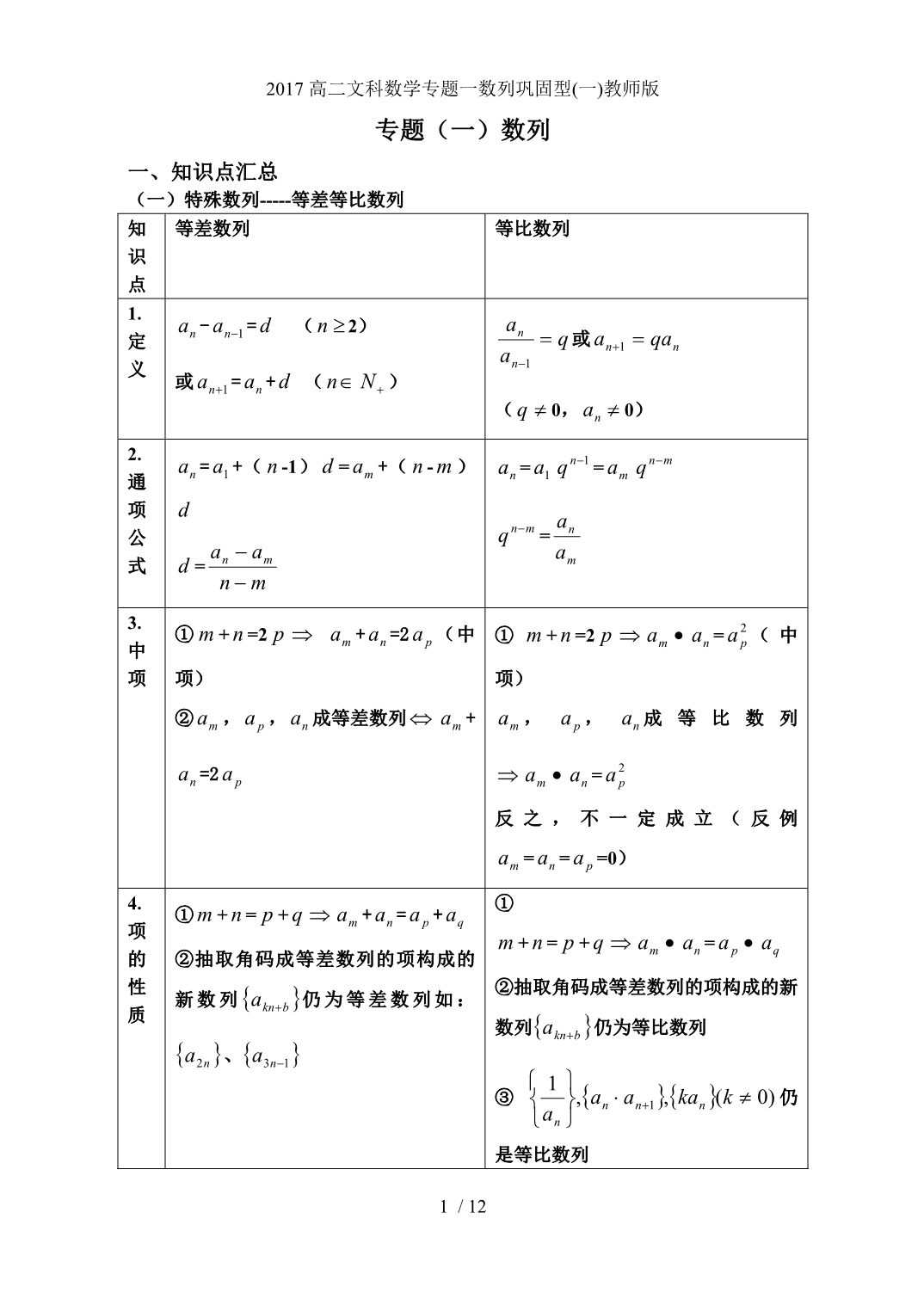 高二文科数学专题一数列巩固型(一)教师版_第1页