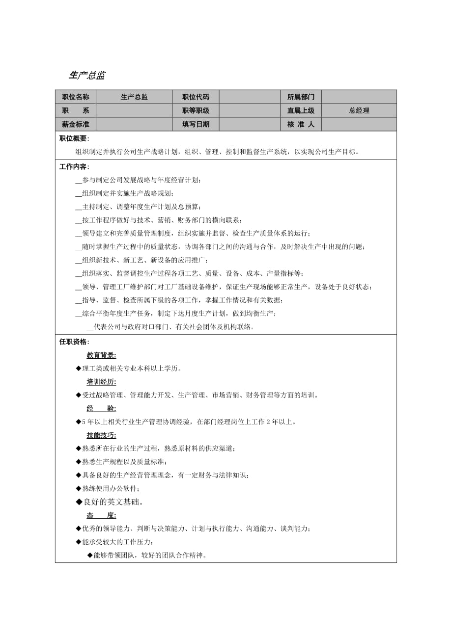 《精编》生产总监岗位说明书_第1页