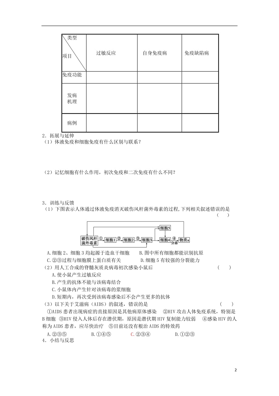 江苏省盐城市高中生物免疫调节教学案苏教版必修3_第2页