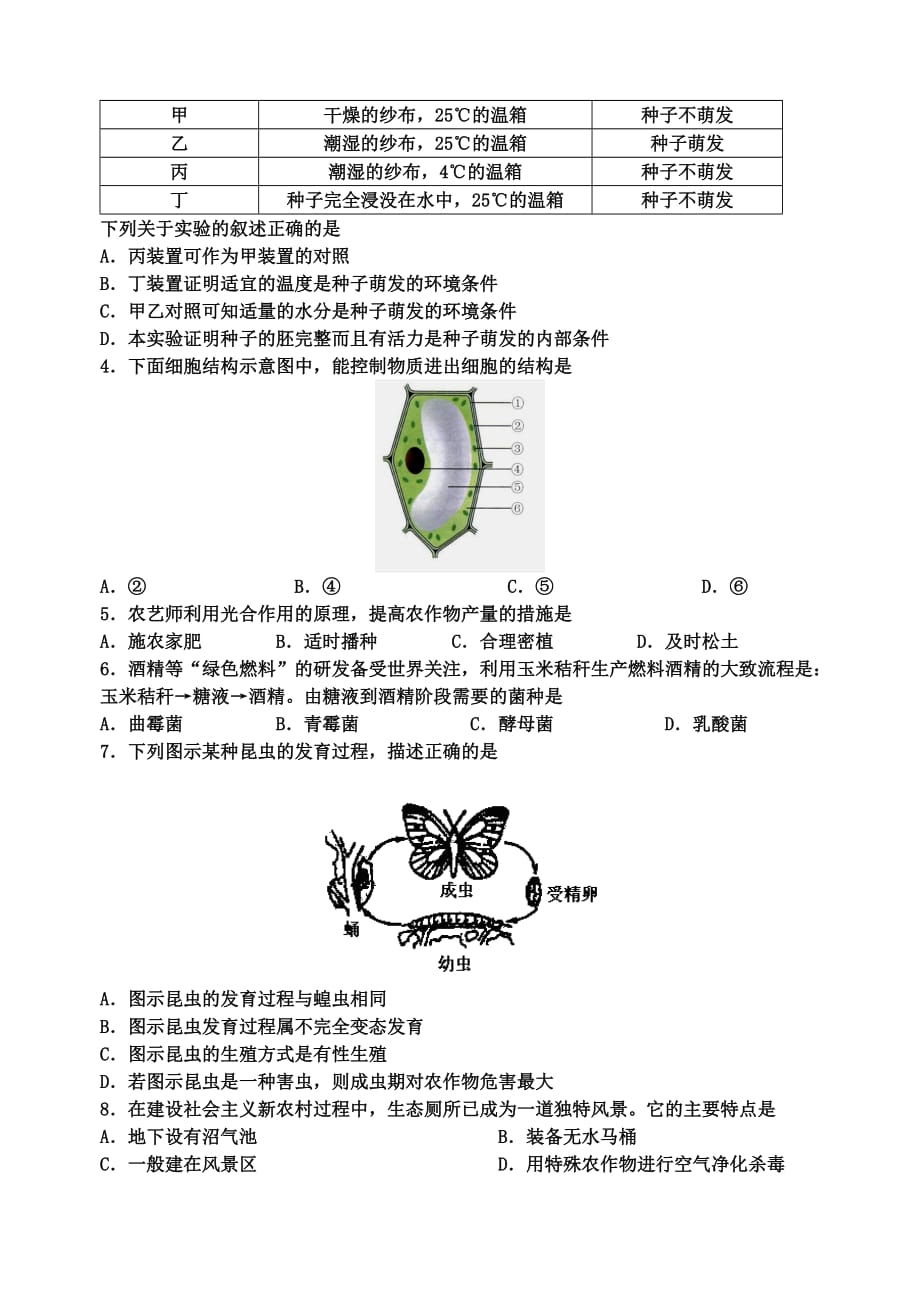 安徽省安庆09年初中毕业九年级生物学业考试试题（WORD版有答案）_第2页