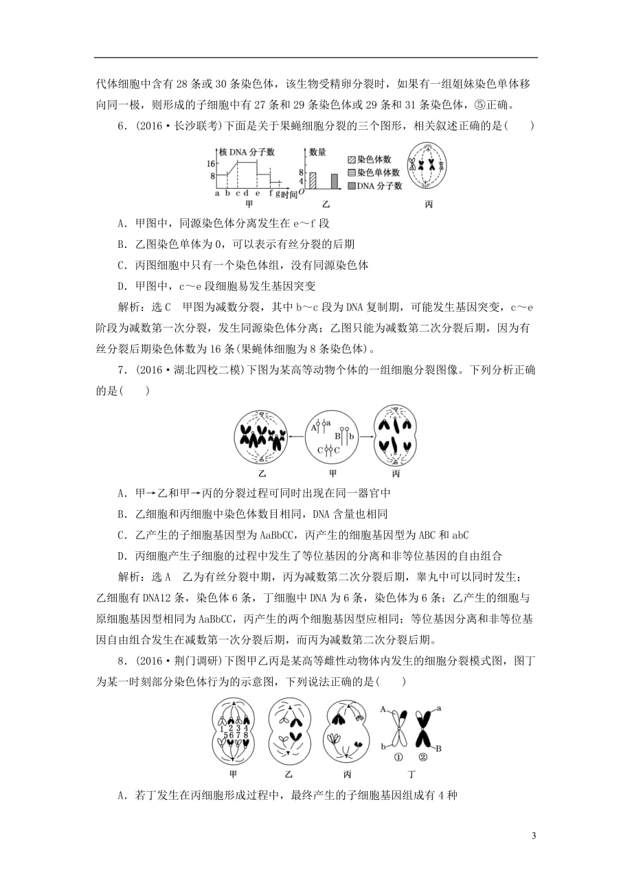 高考生物一轮复习课时跟踪检测（十五）第四单元细胞的生命历程第2讲减数分裂和受精作用（第2课时）减数分裂与有丝分裂及与变异的关系（必修1）_第3页