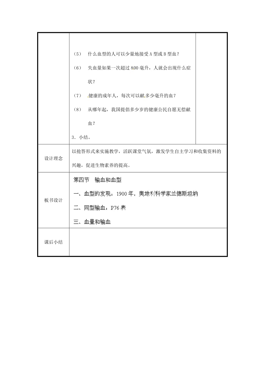 北京市和平北路学校七年级生物下册《4.4.4 输血和血型》教案 新人教版_第2页