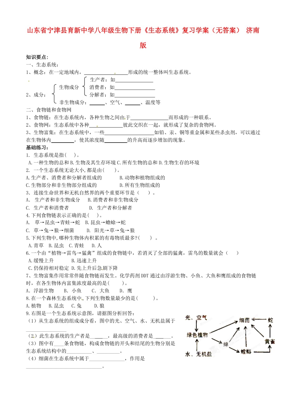 山东省宁津县育新中学八年级生物下册《生态系统》复习学案（无答案） 济南版_第1页