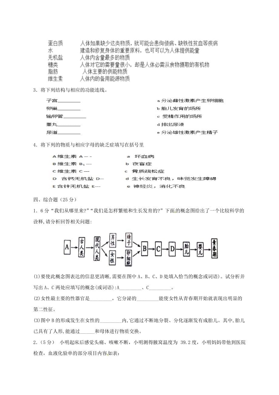 北京市2020学年七年级生物下学期5月月考试题 新人教版_第5页