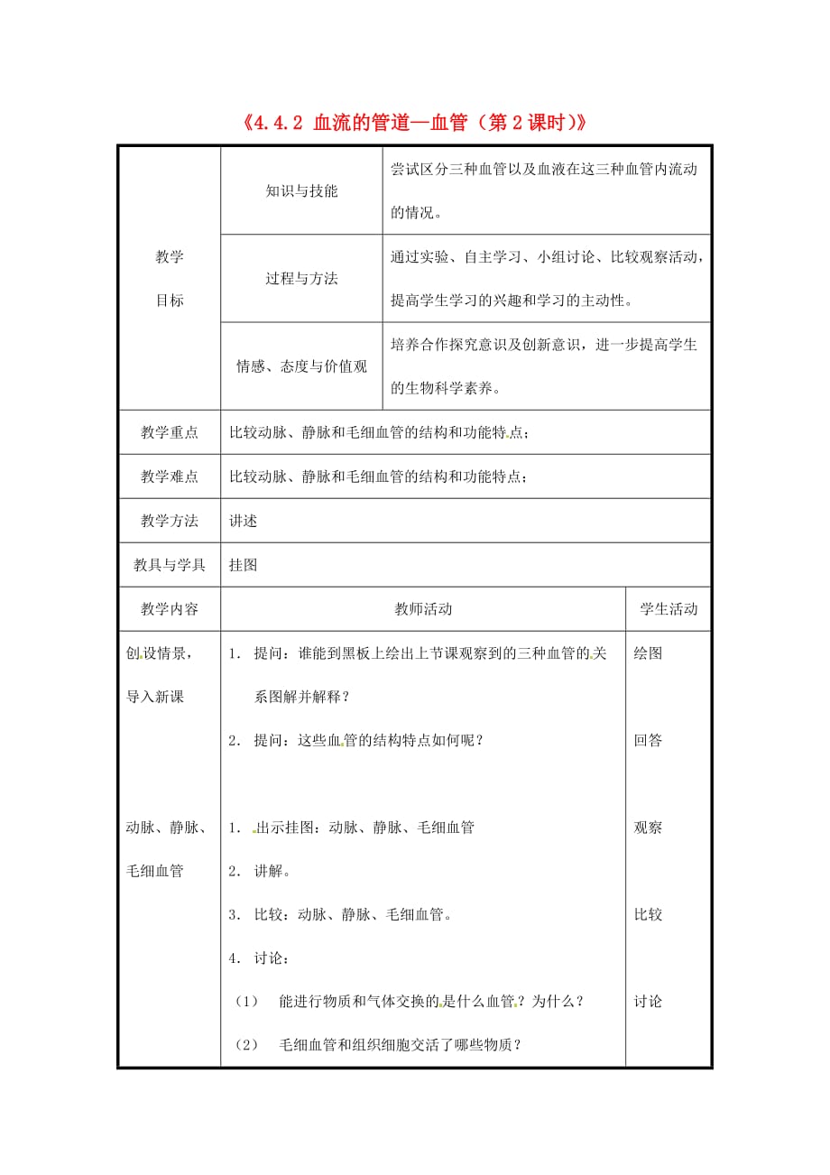 北京市和平北路学校七年级生物下册《4.4.2 血流的管道—血管（第2课时）》教案 新人教版_第1页