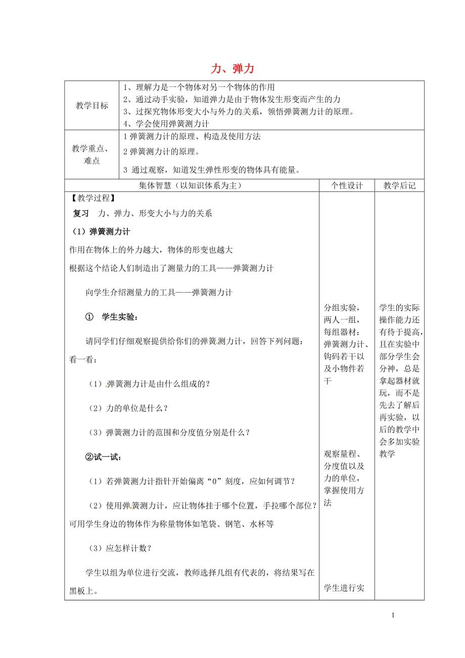 江苏省宿迁市宿豫区关庙镇中心学校八年级物理下册8.1力、弹力教案2苏科版_第1页