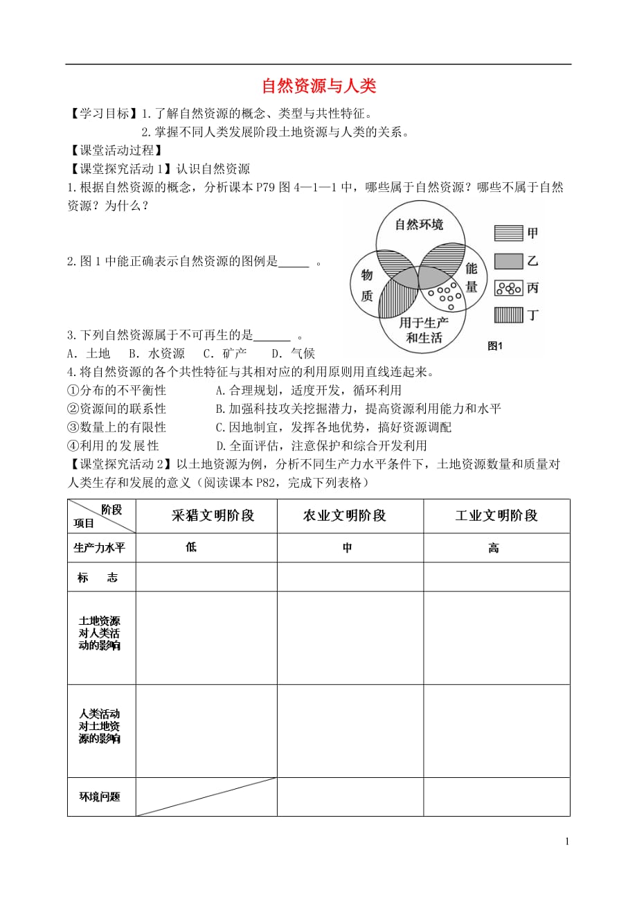 江苏省兴华中学高中地理4.1自然资源与人类学案（无答案）鲁教版必修1_第1页