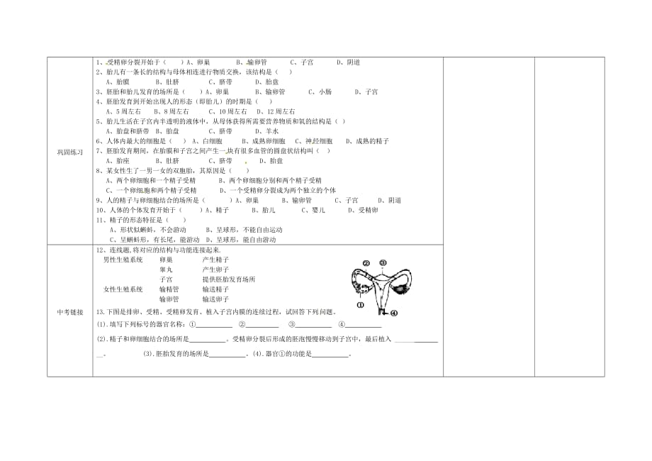 内蒙古阿鲁科尔沁旗天山第六中学七年级生物下册 人的生殖导学案（无答案） 新人教版_第2页