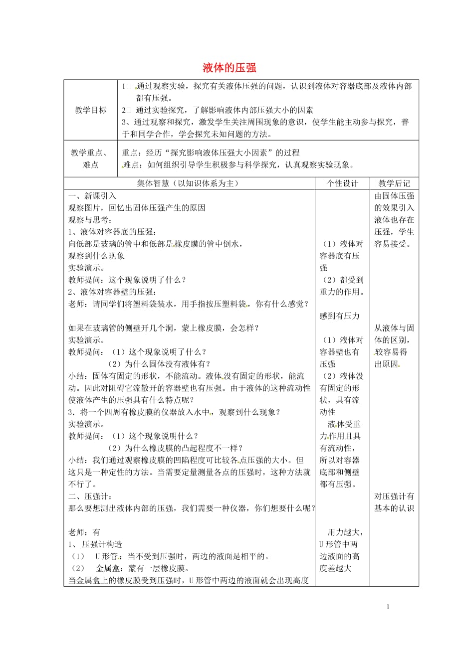 江苏省宿迁市宿豫区关庙镇中心学校八年级物理下册10.2液体的压强教案苏科版_第1页