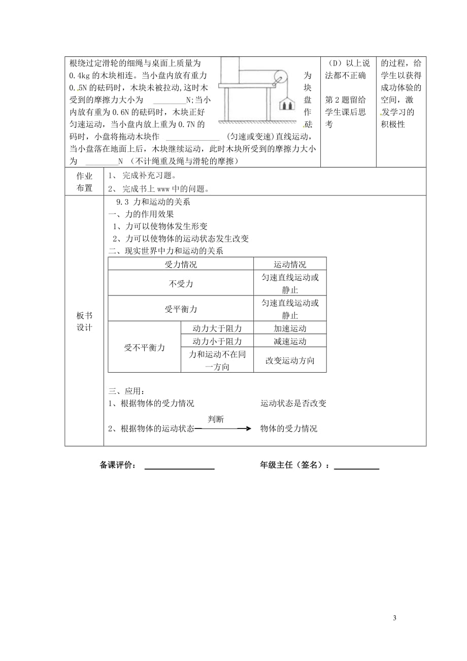 江苏省宿迁市宿豫区关庙镇中心学校八年级物理下册9.力与运动关系教案苏科版_第3页