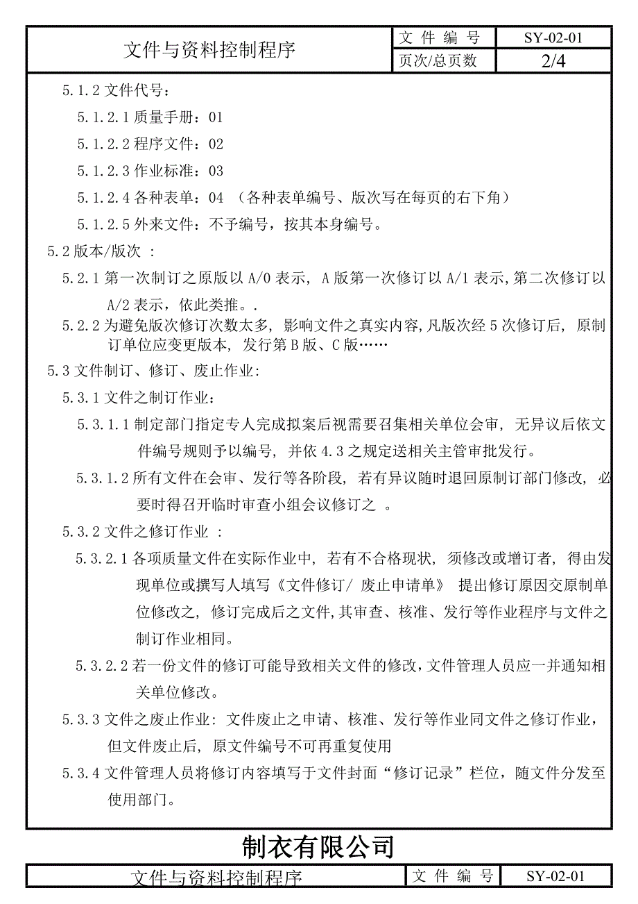 202X年某服装公司文件与资料控制程序_第2页