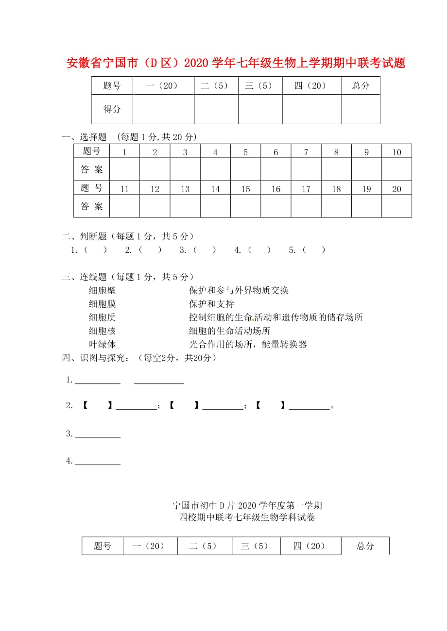 安徽省宁国市（D区）2020学年七年级生物上学期期中联考试题 新人教版_第1页