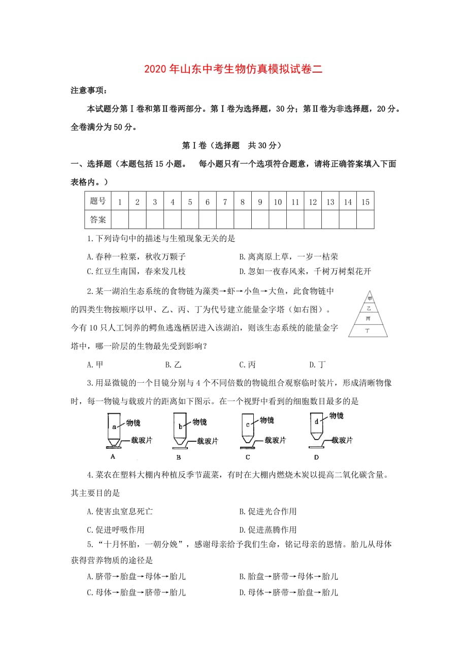 山东省2020年中考生物仿真模拟试卷二_第1页