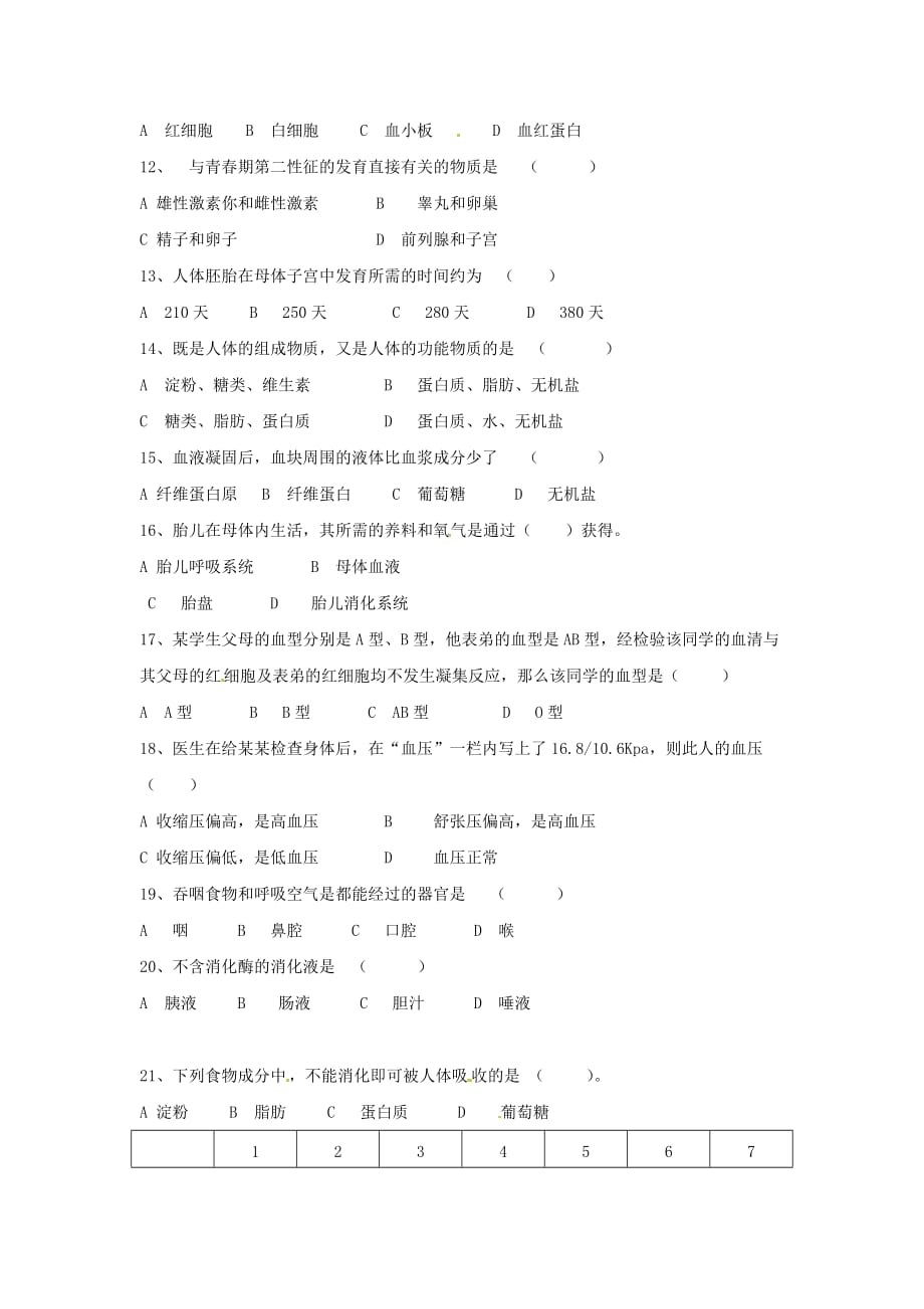 云南省大理喜洲镇第一中学2020学年七年级生物下学期期中测试试题（无答案） 新人教版_第2页