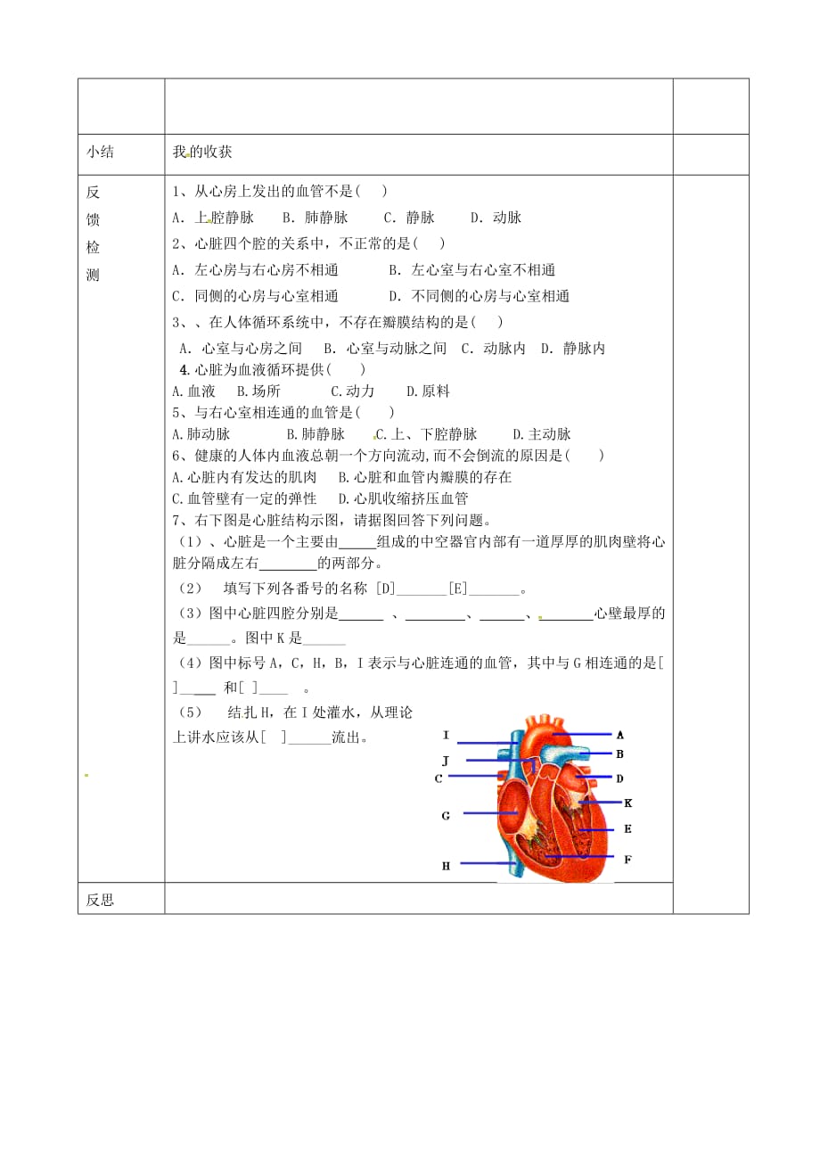 内蒙古赤峰市克什克腾旗萃英学校七年级生物下册 第四单元 第四章 第三节《输送血液的泵心脏》导学案2（无答案） 新人教版_第2页