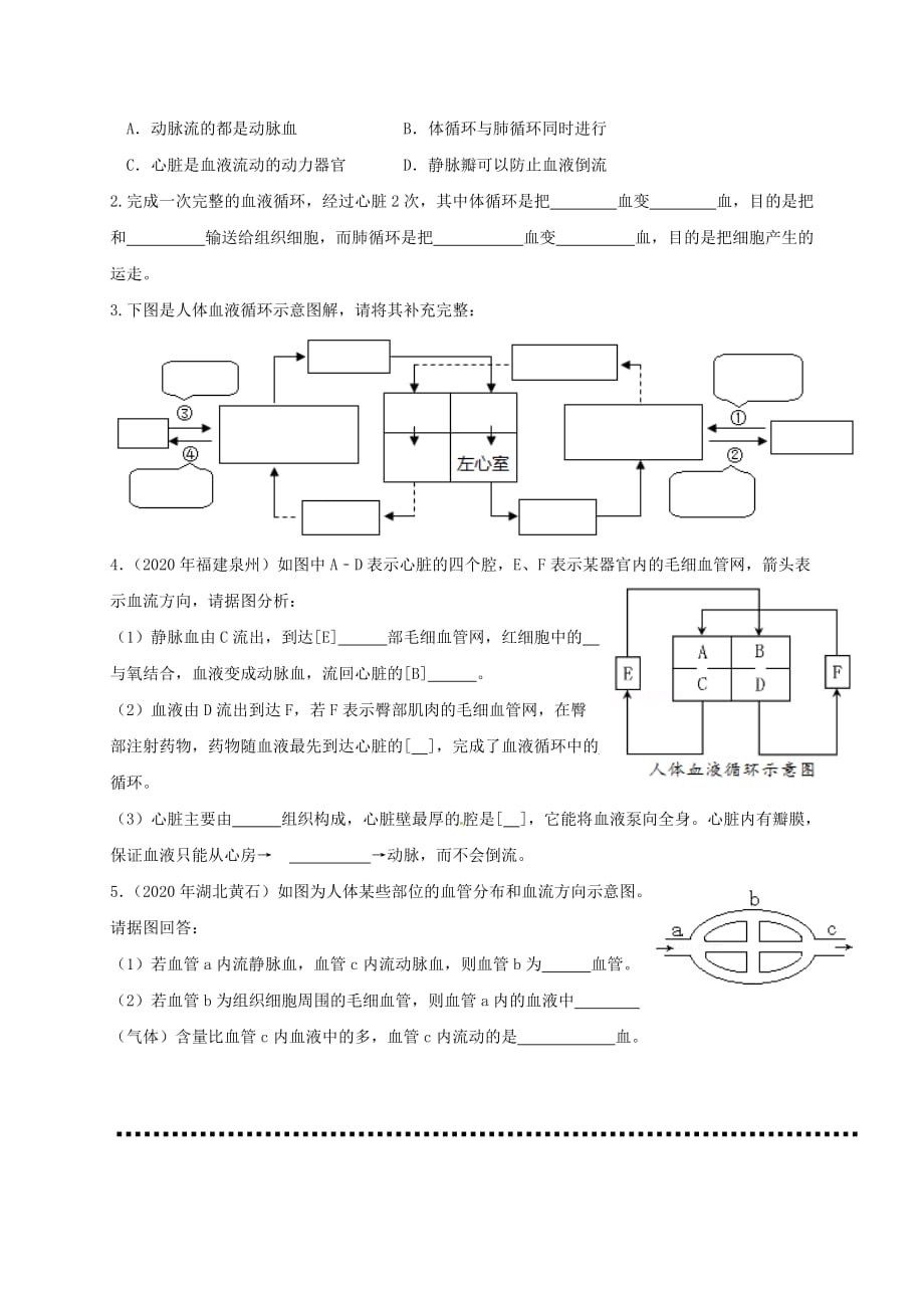 内蒙古鄂尔多斯市七年级生物下册 4.4.3 输送血液的泵心脏导学案（无答案）（新版）新人教版_第4页