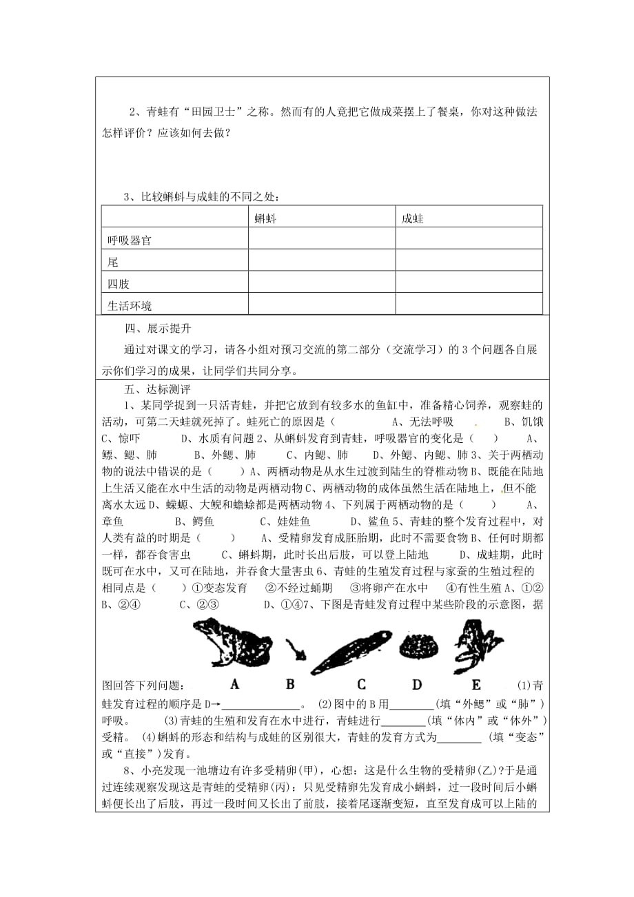 云南省麻栗坡县董干中学八年级生物下册 第二十一章 第四节 两栖类的生殖与发育导学案（无答案） 苏教版_第2页