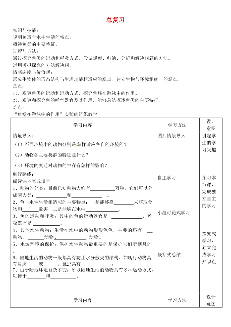 八年级生物上册 5.1各种环境中的动物复习学案（无答案） 人教新课标版_第1页