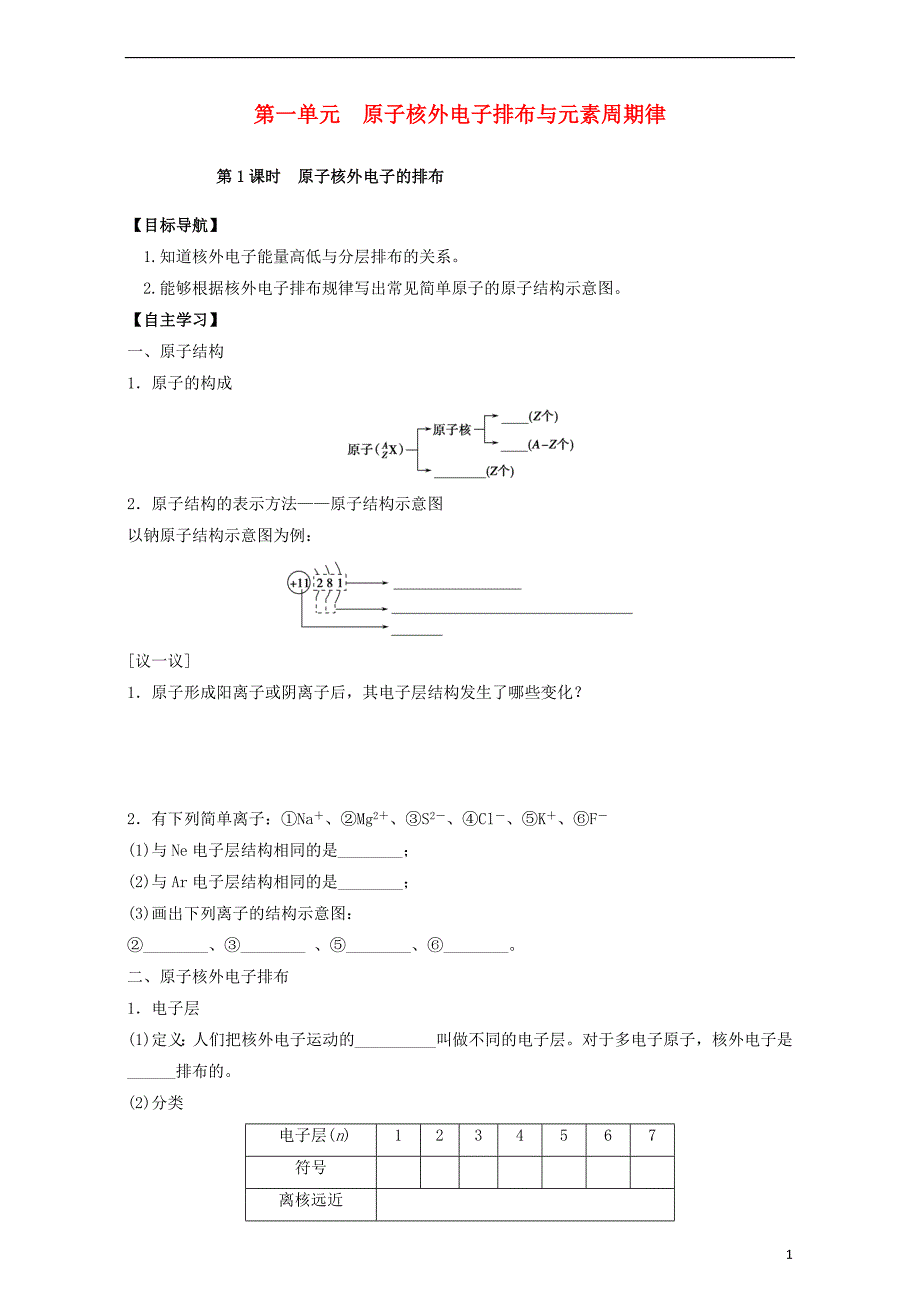 江苏省徐州市高中化学专题1微观结构与物质的多样性第1单元原子核外电子排布与元素周期律导学案苏教版必修2_第1页