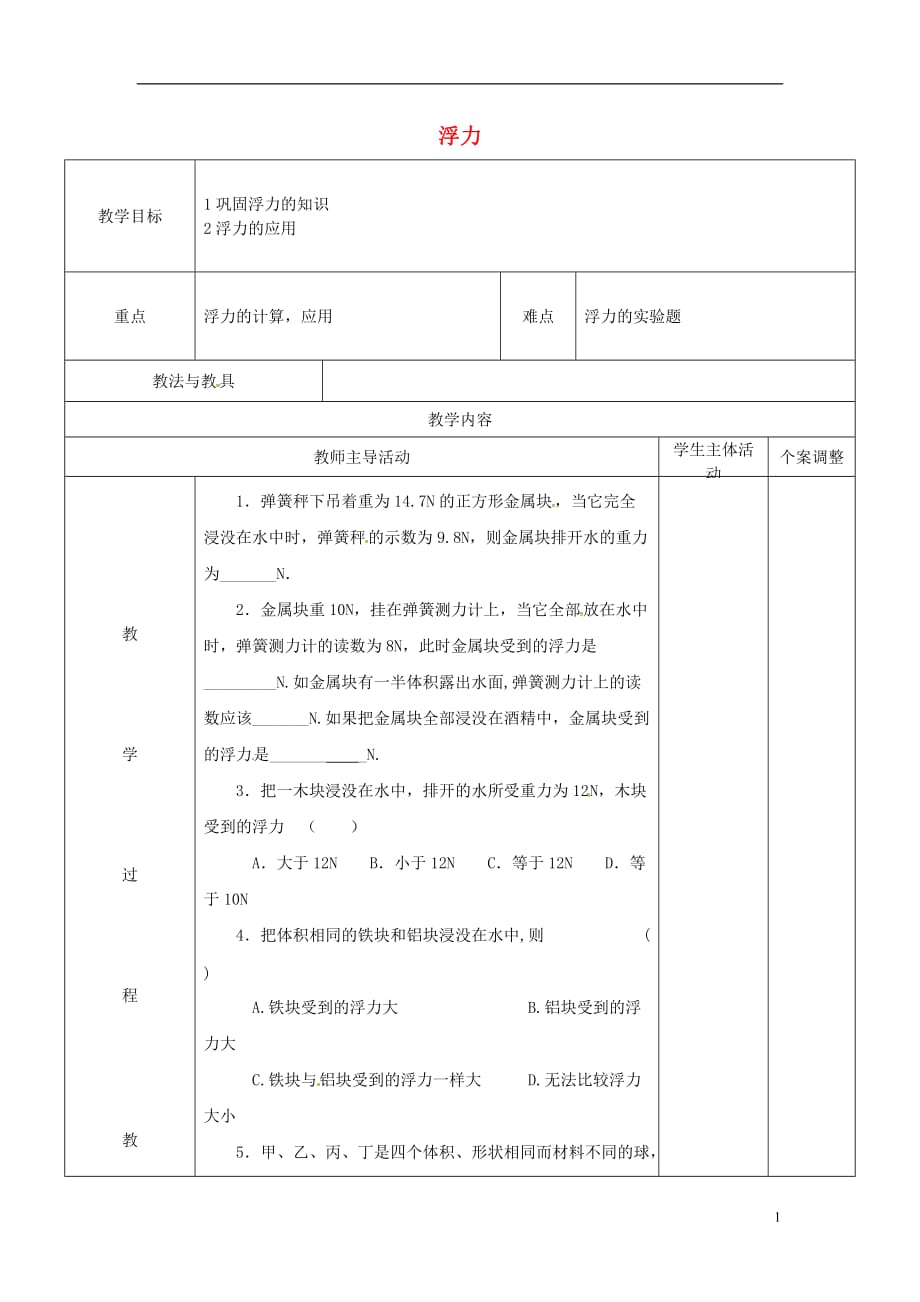 江苏省新沂市第二中学八年级物理下册10.4浮力练习教案1苏科版_第1页