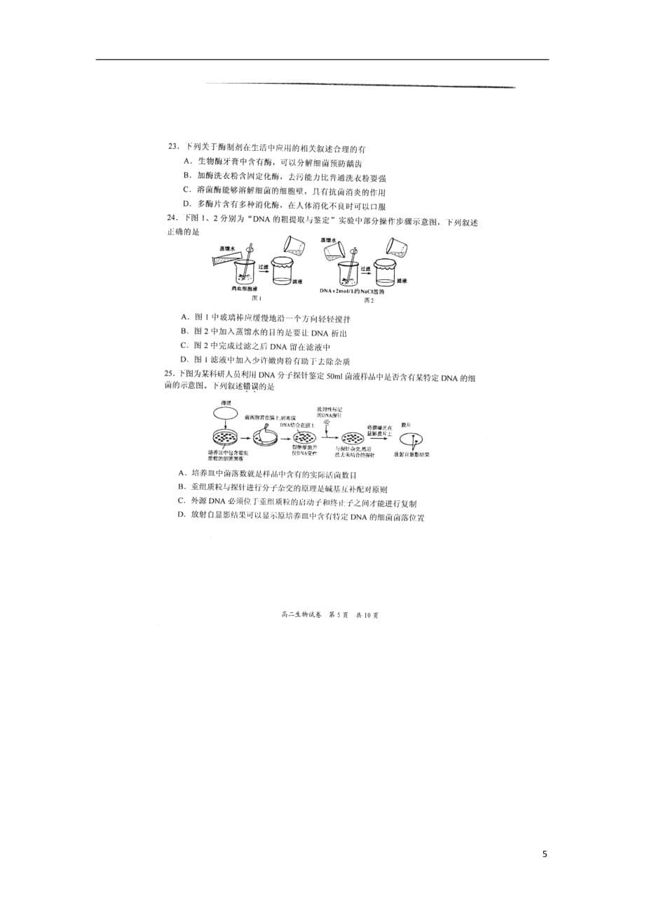 江苏省高二生物下学期期末考试试题（扫描版无答案）_第5页