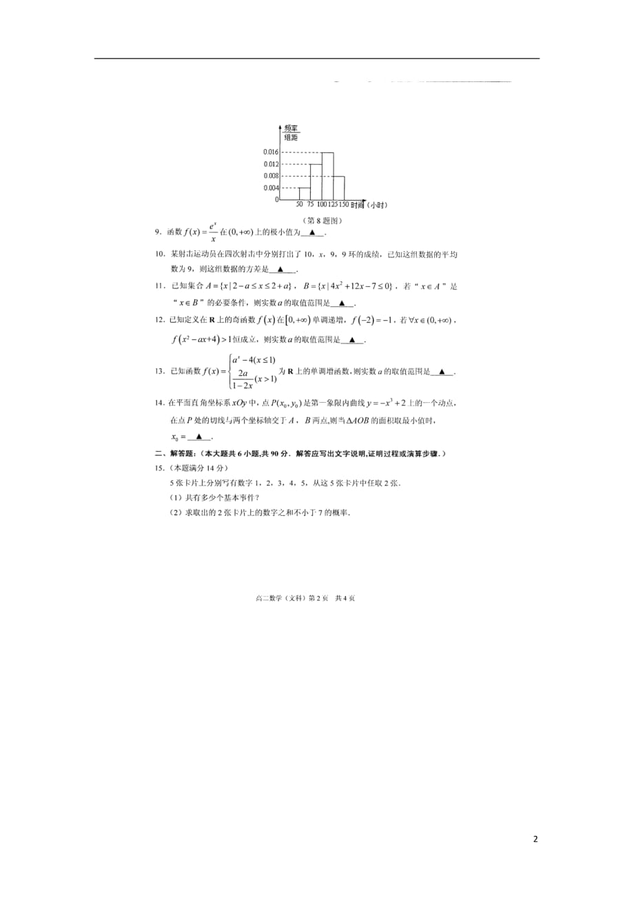 江苏省高二数学下学期期末考试试题文（扫描版无答案）_第2页