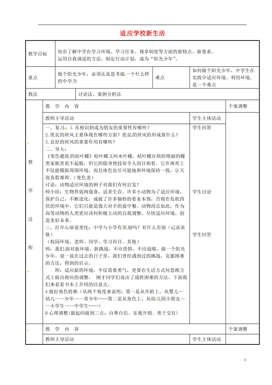 江苏省新沂市第二中学七年级政治上册1.2适应学校新生活教案苏教版_第1页