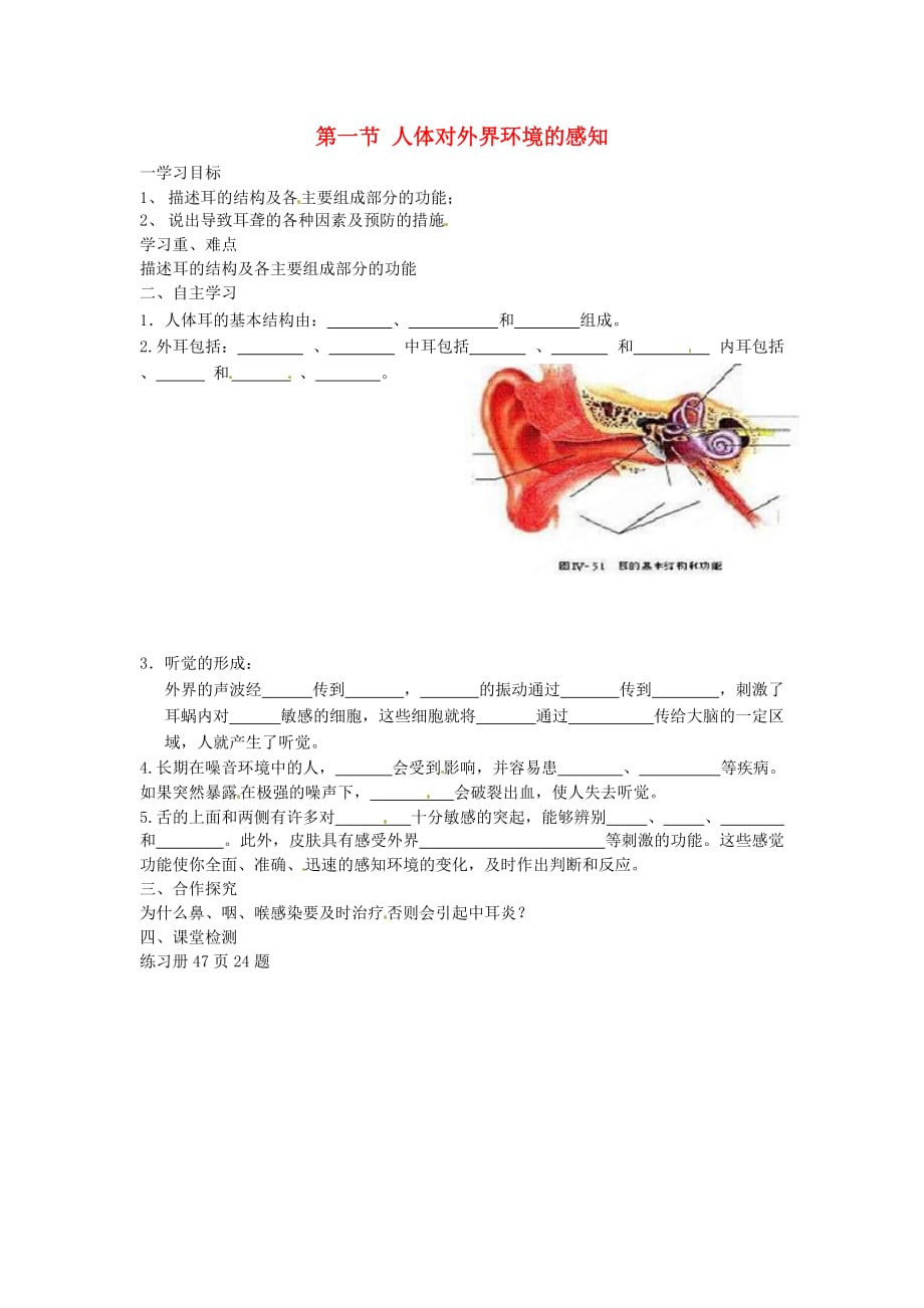 云南省盐津县豆沙中学七年级生物下册《4.6.1 人体对外界环境的感知》学案（无答案） 新人教版_第1页