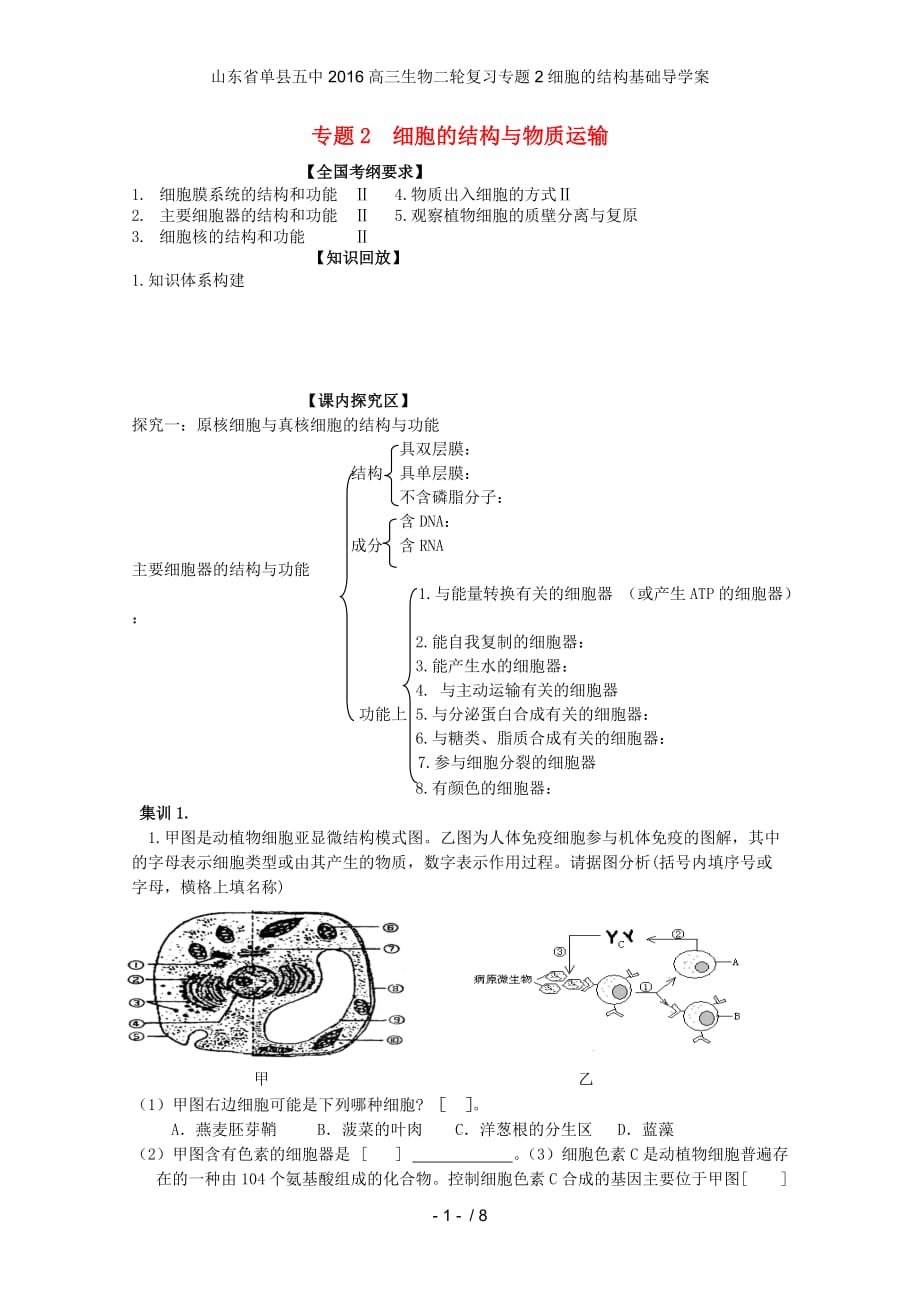 山东省单县五中高三生物二轮复习专题2细胞的结构基础导学案_第1页