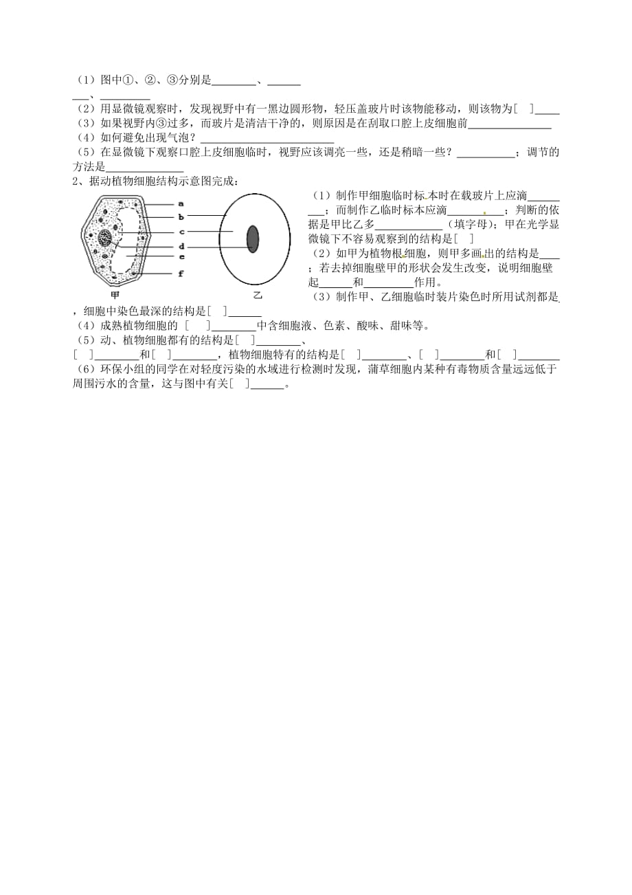 湖北省襄阳四十七中七年级生物《观察植物细胞》学案（无答案）_第2页