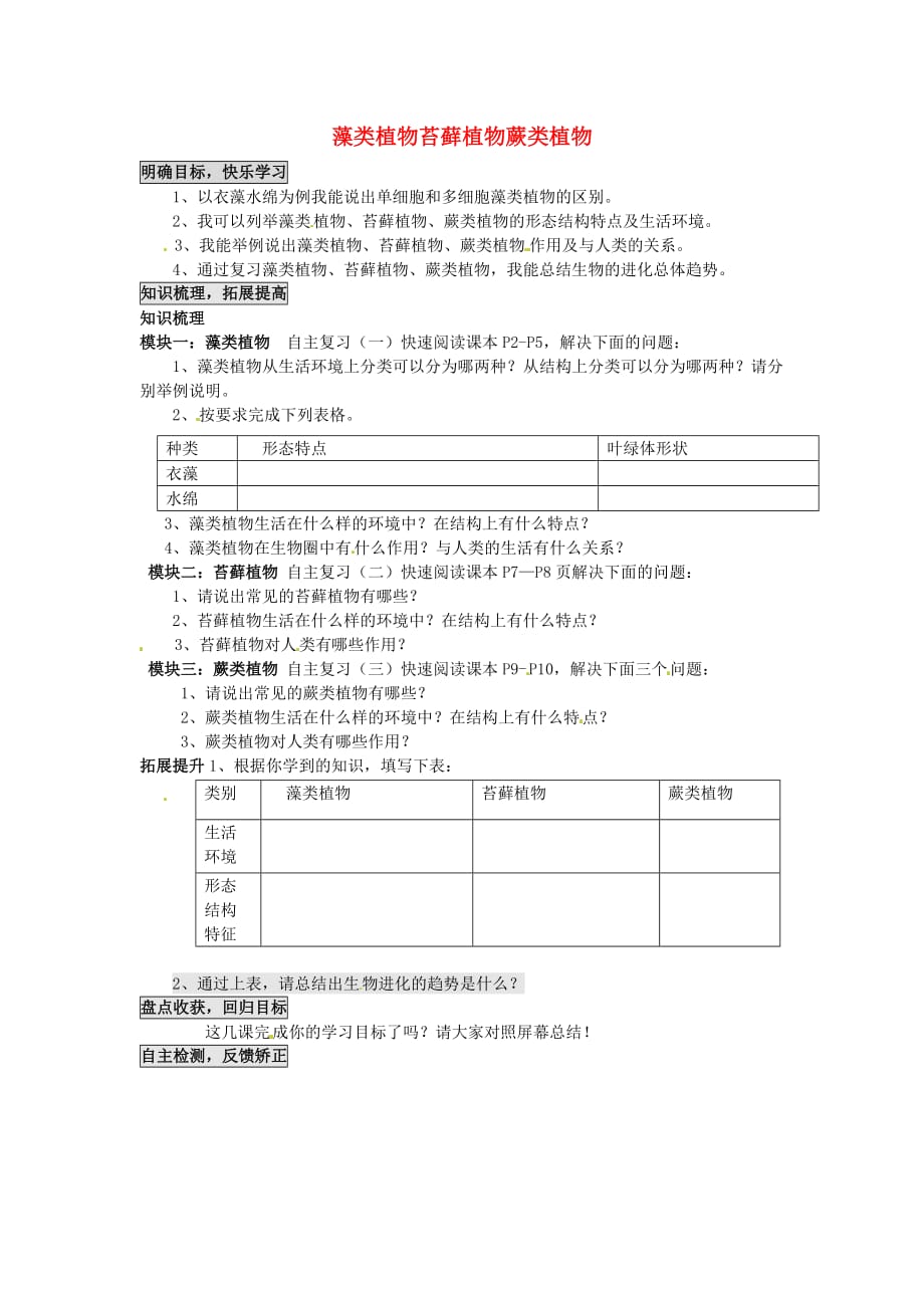 湖北省武汉市蔡甸区张湾街柏林中学七年级生物下册 藻类植物苔藓植物蕨类植物导学案（无答案） 鲁科版_第1页