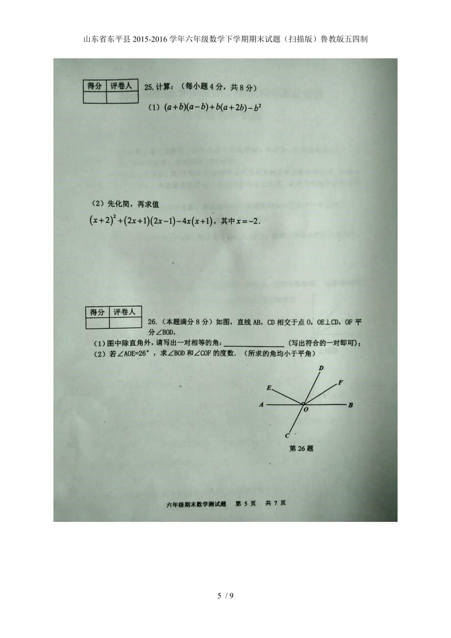 山东省东平县六年级数学下学期期末试题（扫描版）鲁教版五四制_第5页