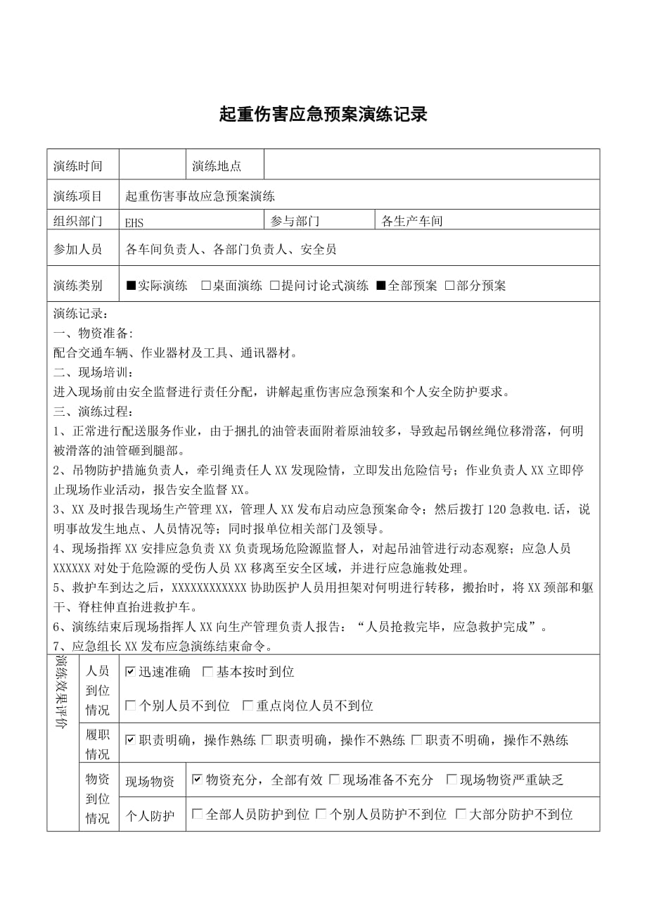 2020年企业起重伤害应急预案演练记录_第1页