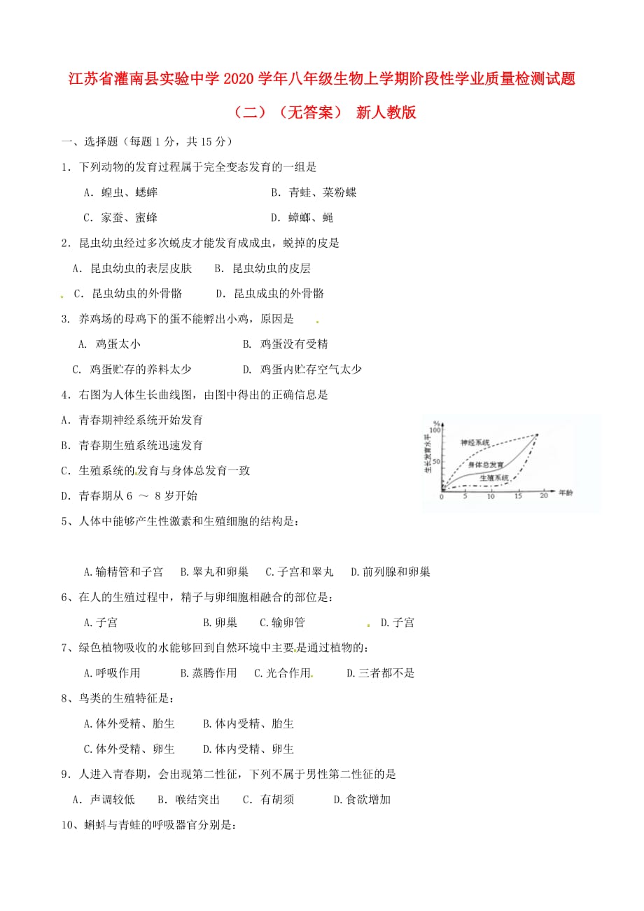 江苏省灌南县2020学年八年级生物上学期阶段性学业质量检测试题（二）（无答案） 新人教版_第1页