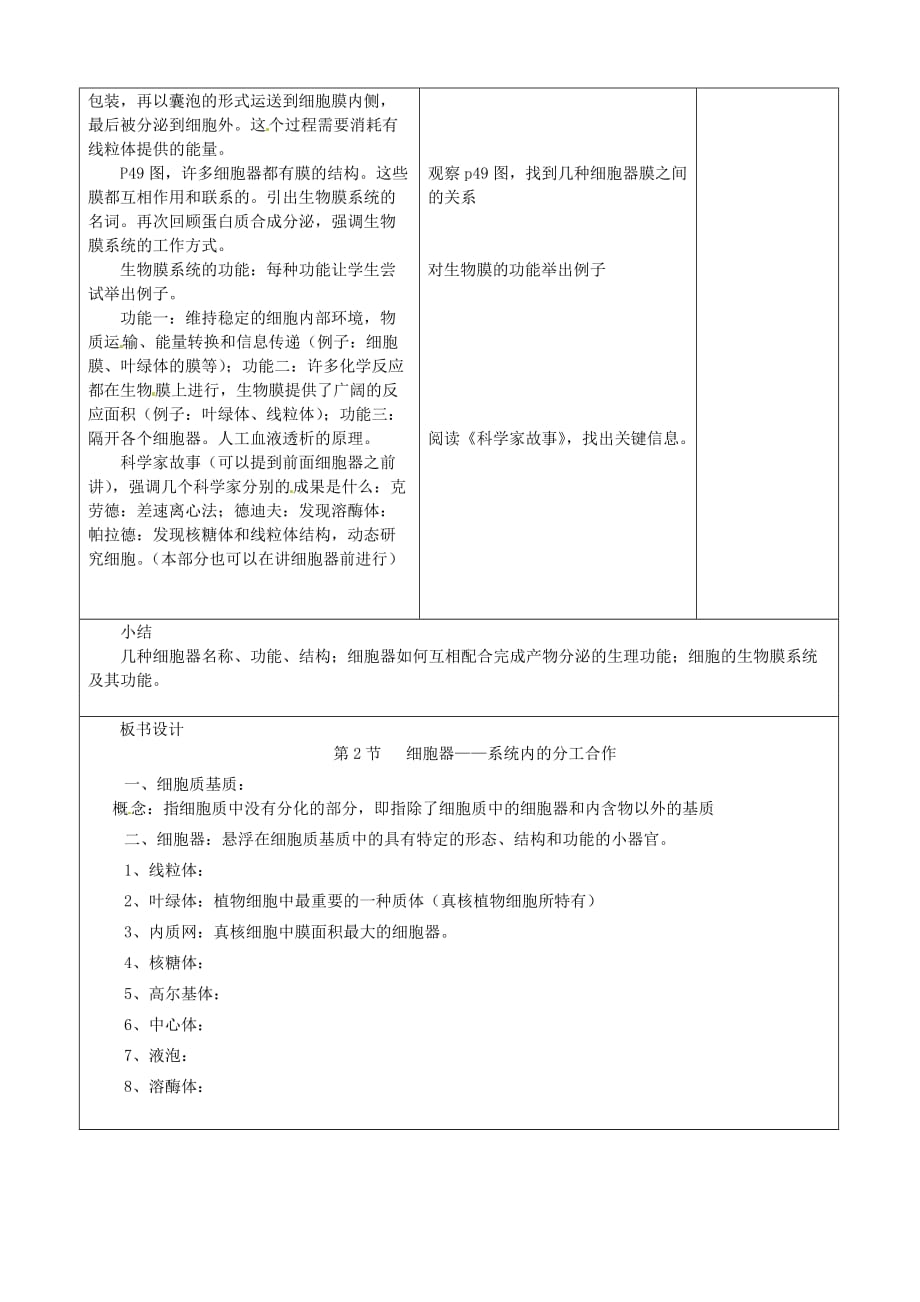 山东省郯城三中初中生物《细胞器系统内的分工合作》教案_第2页