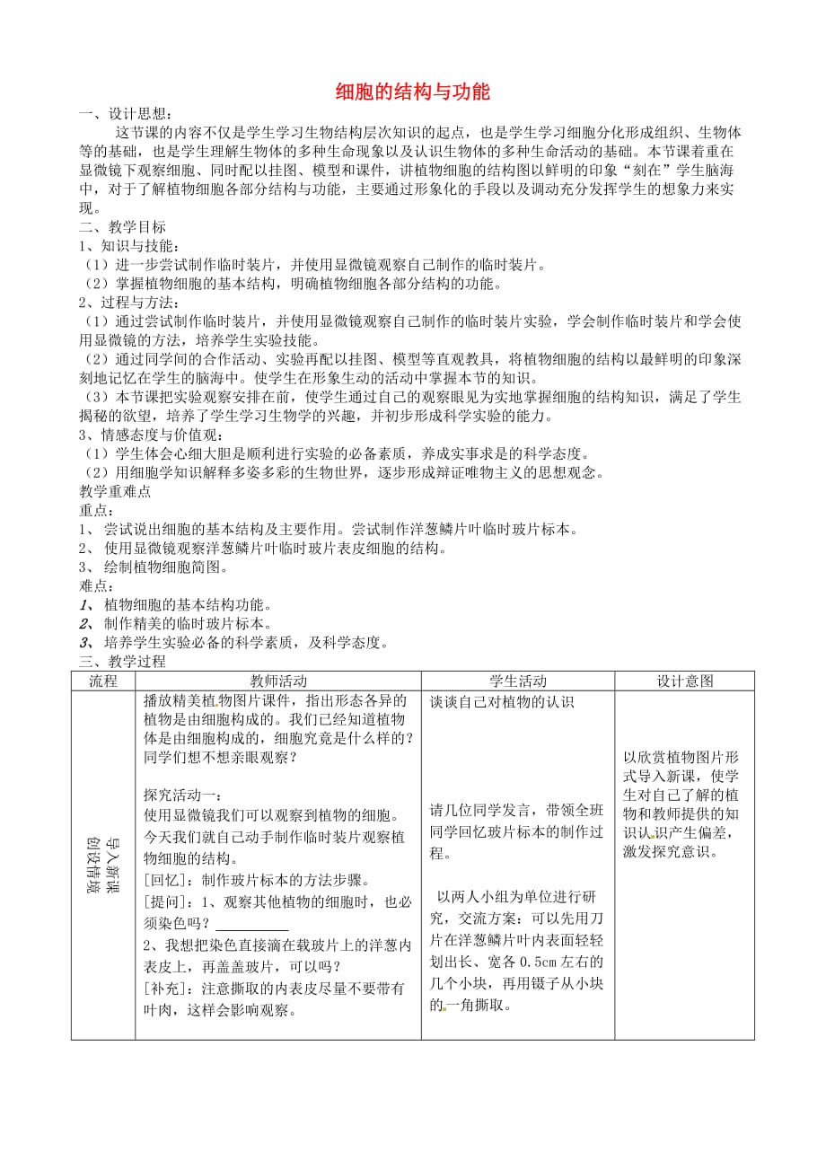 江苏省南京市溧水县孔镇中学七年级生物上册 细胞的结构与功能教案 苏教版_第1页