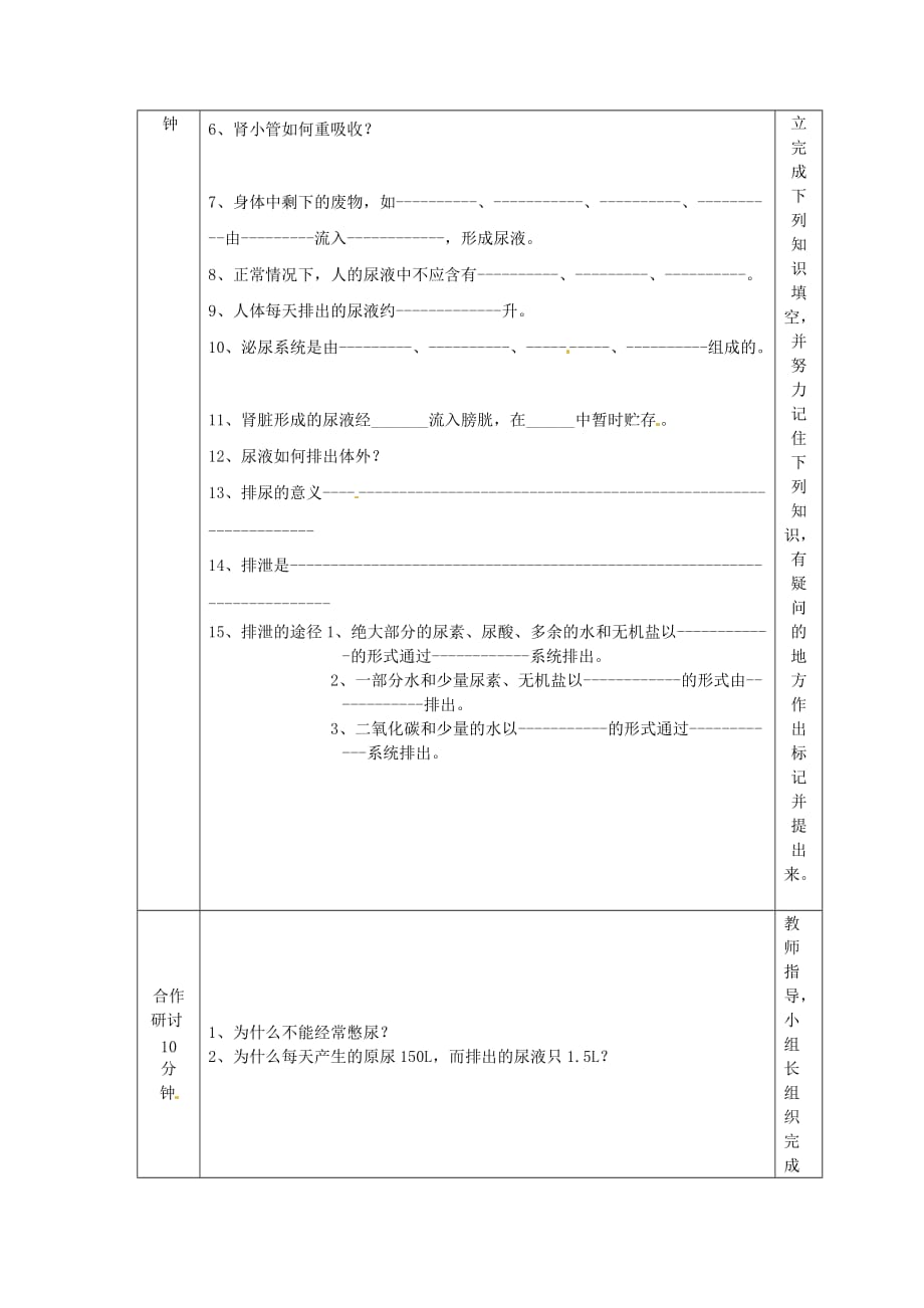 河北省迁安市杨店子镇联合中学七年级生物下册 第三章 第二节 排泄-尿液的形成和排出导学案（无答案） 冀教版_第2页