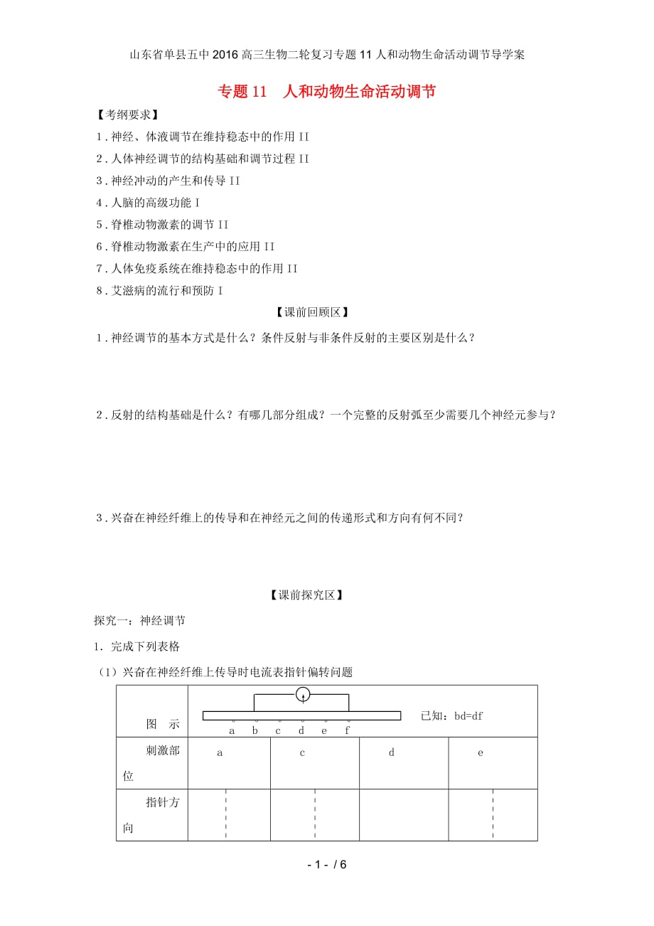 山东省单县五中高三生物二轮复习专题11人和动物生命活动调节导学案_第1页