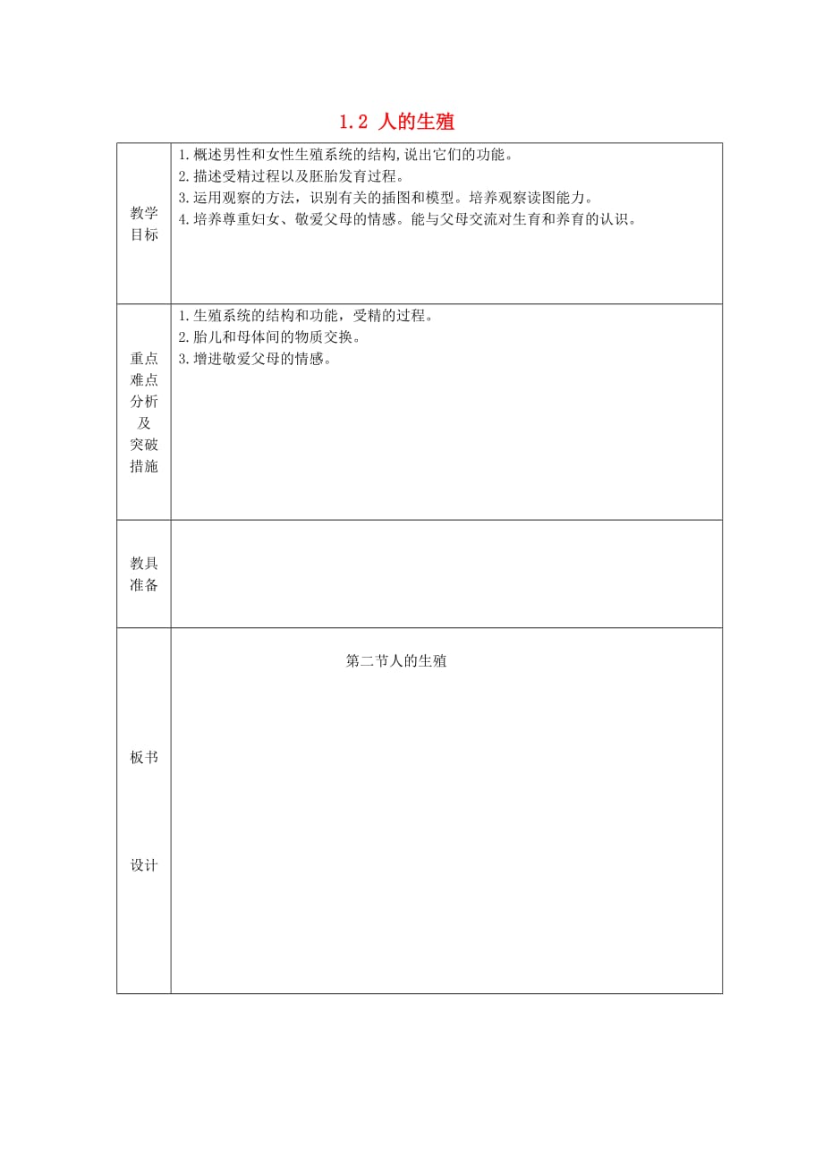 山东省龙口市诸由观镇诸由中学七年级生物下册 1.2 人的生殖教案1 新人教版_第1页