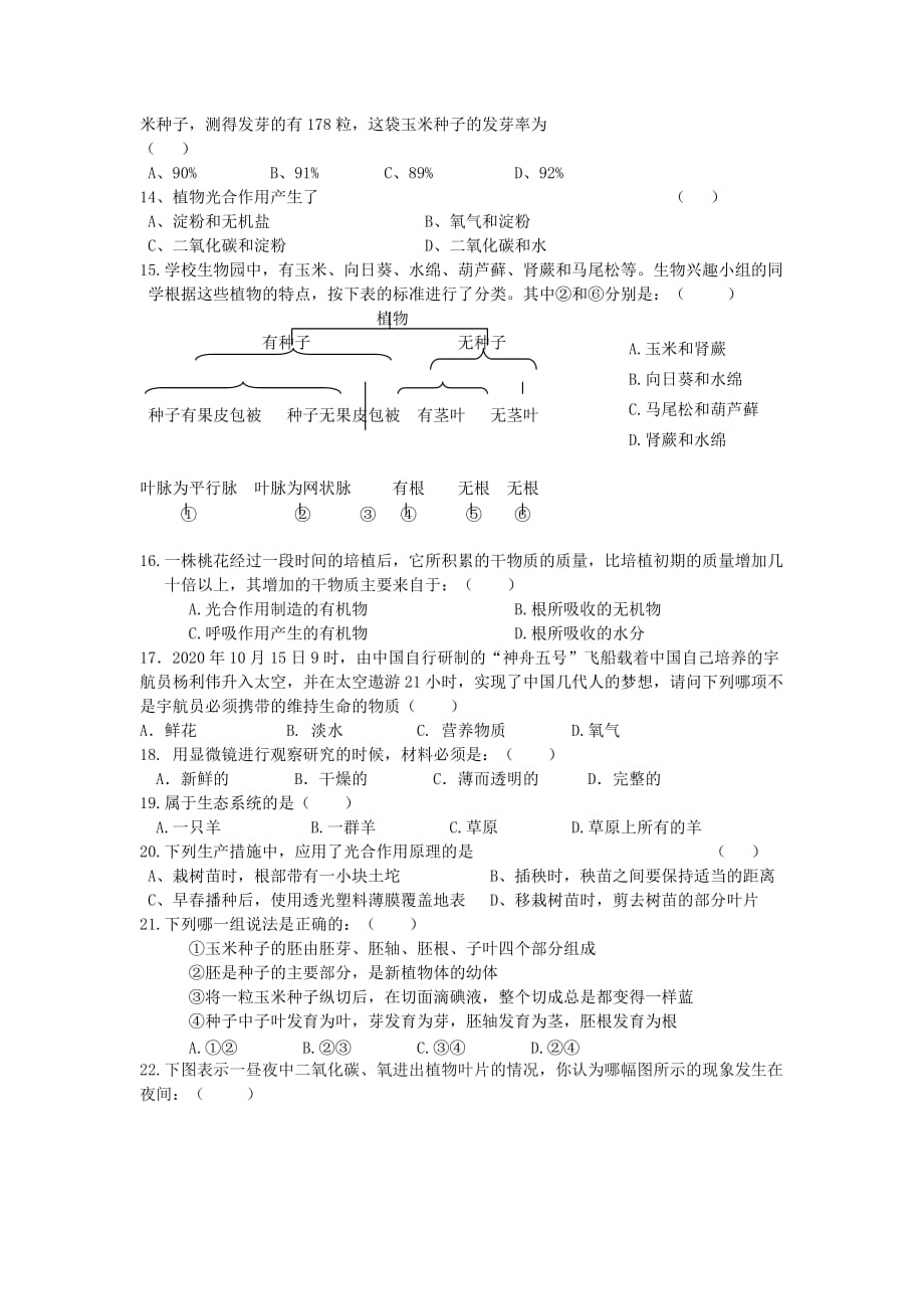 甘肃省渭源县2020年七年级生物第一学期期末检测试卷 人教新课标版_第2页