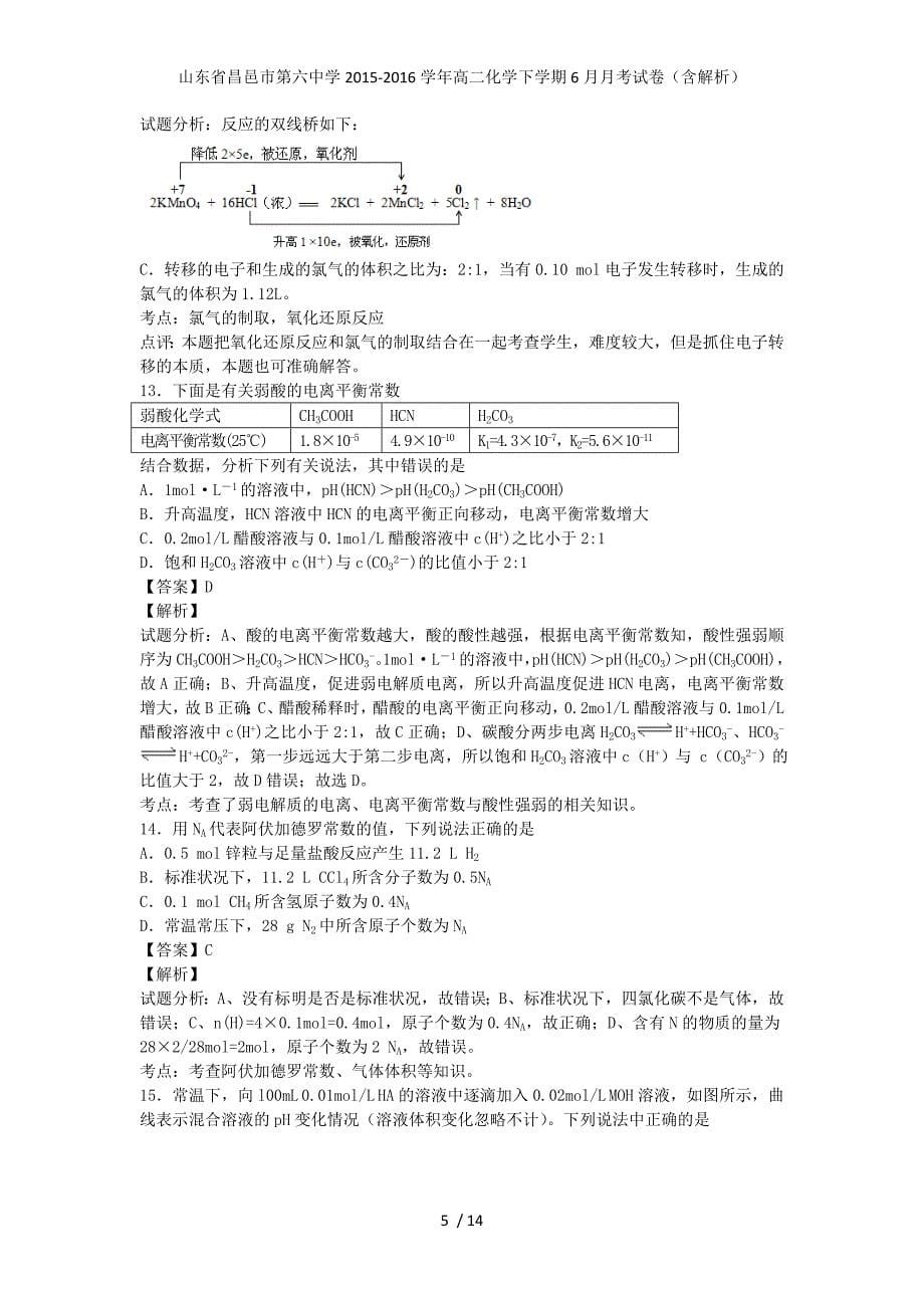 山东省昌邑市第六中学高二化学下学期6月月考试卷（含解析）_第5页