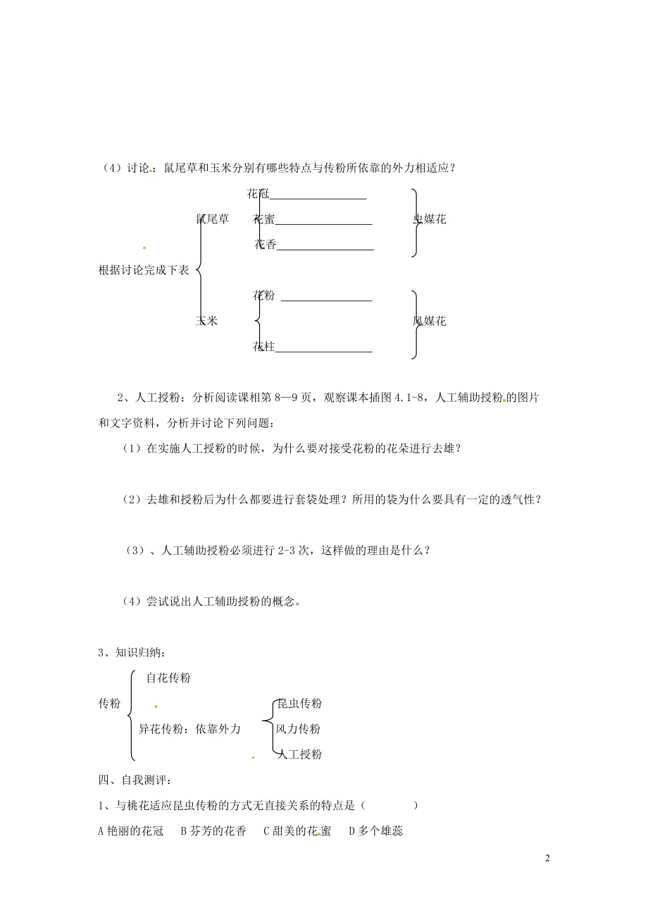 山东省单县希望初级中学八年级生物上册4.1.2传粉和受精（第1课时）学案（无答案）济南版_第2页