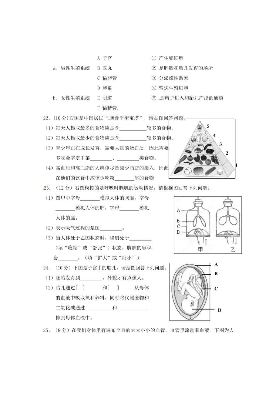 海南省海口市教育研究培训院2020学年七年级生物下学期期中检测试题（B卷）（无答案） 新人教版_第3页