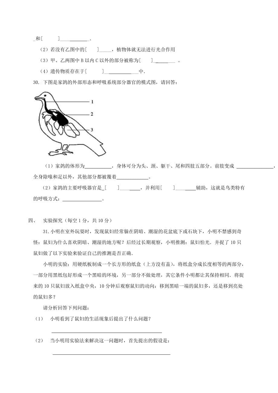 重庆市江两校2020学年七年级生物上学期期末模拟考试试题 新人教版_第5页