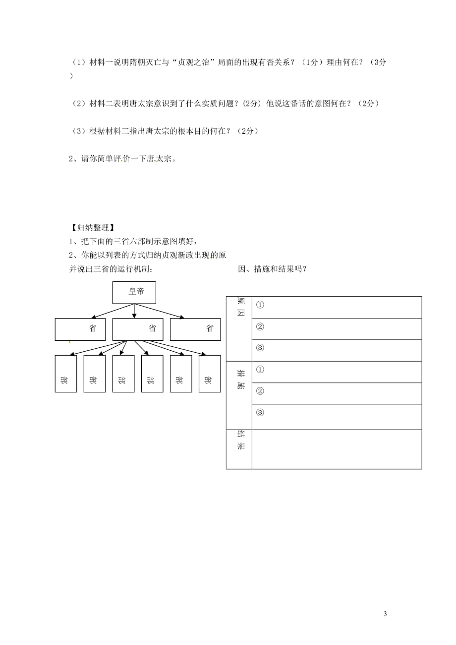 山东省单县希望初级中学七年级历史下册1.2唐太宗与贞观之治导学案（无答案）北师大版_第3页