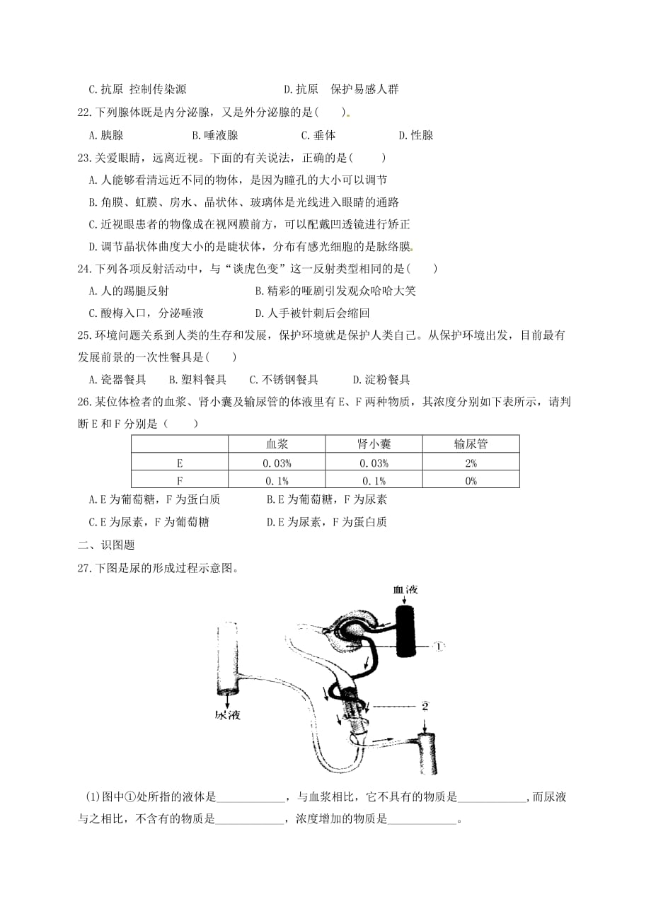 湖北省孝感市孝南区肖港镇肖港初级中学七年级生物下学期综合测试题8（无答案） 北师大版_第3页