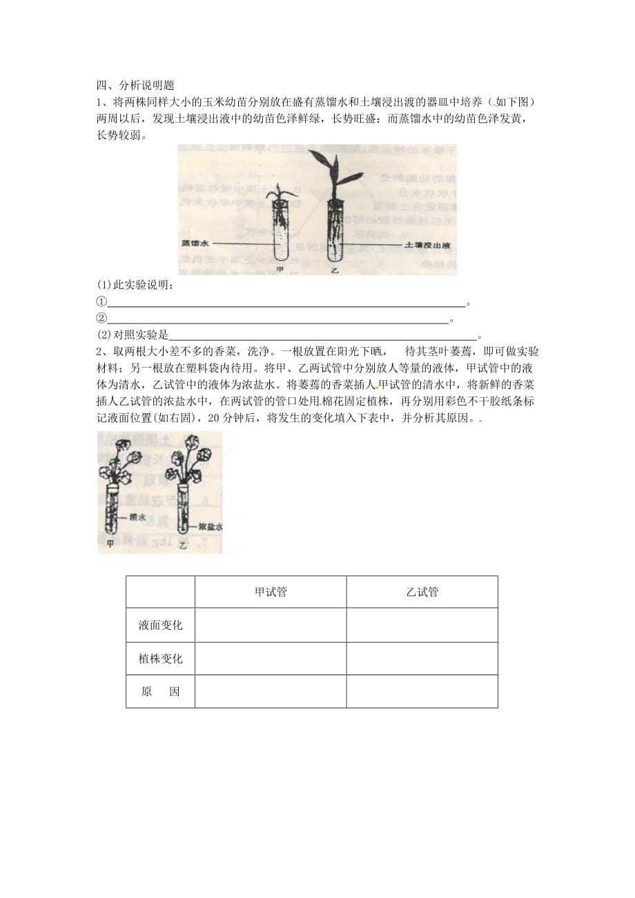 河南省安阳市第六十三中学七年级生物上册 第3节 吸收作用测试题（无答案） 北师大版_第2页