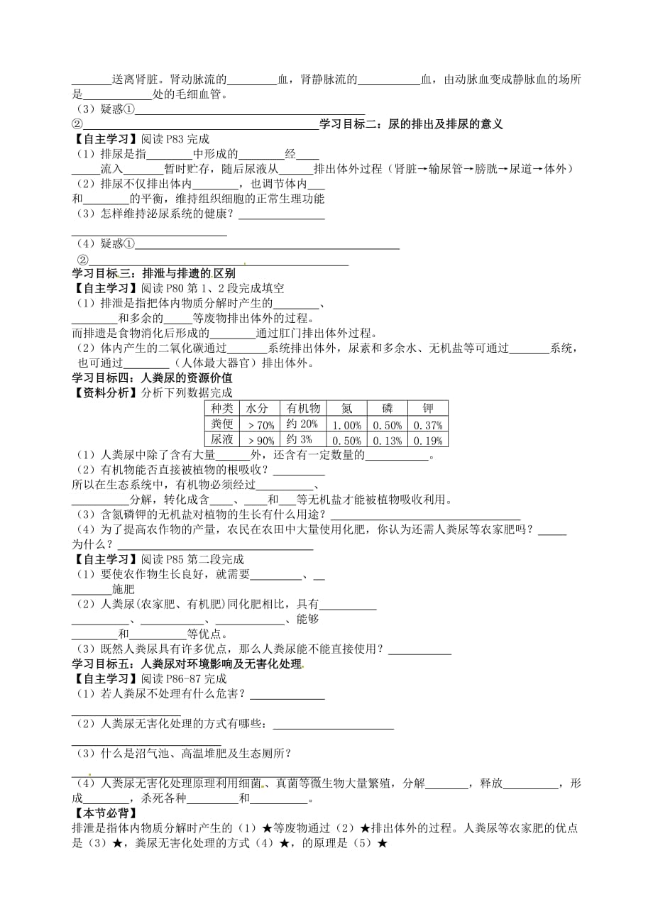 湖北省襄阳四十七中七年级生物第七章第一节《尿的形成》学案 （无答案）_第3页